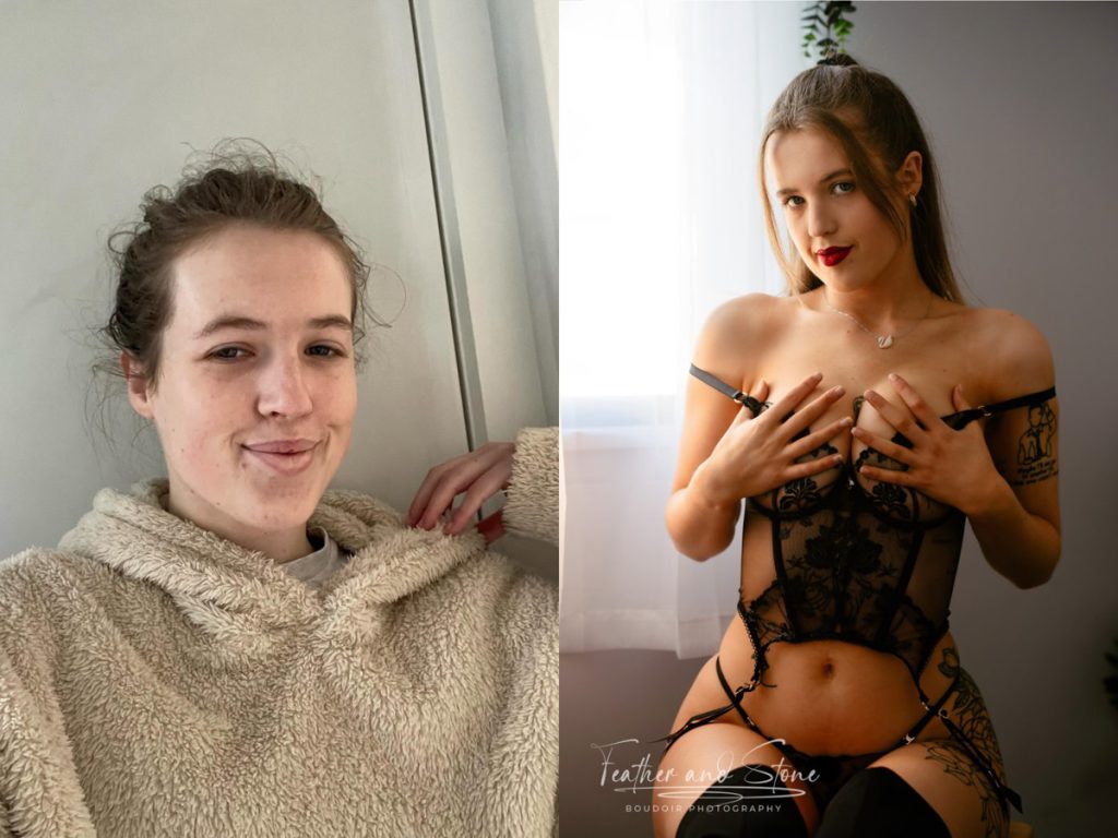 A side-by-side image shows the same woman at home. In the left photo, she is casually dressed and smiling. In the right, she poses in black lingerie with a serious expression.