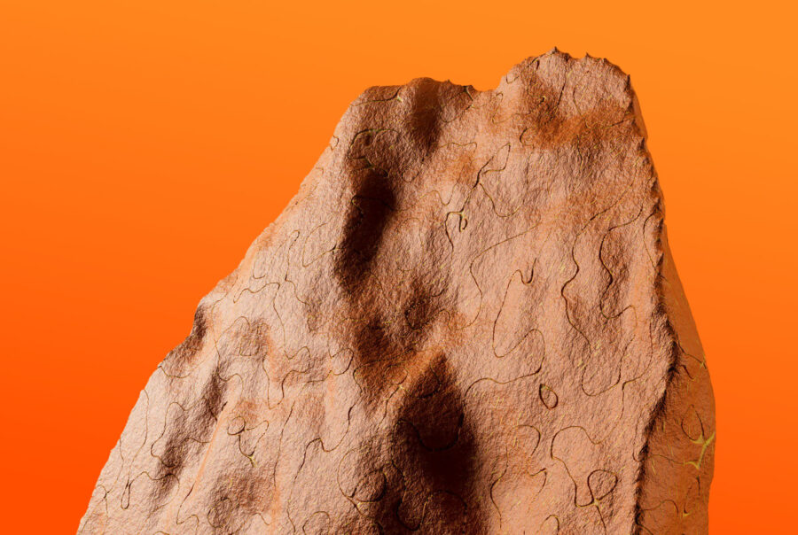 A textured, reddish-brown rock with wavy, dark lines on its surface, set against a bright orange gradient background.