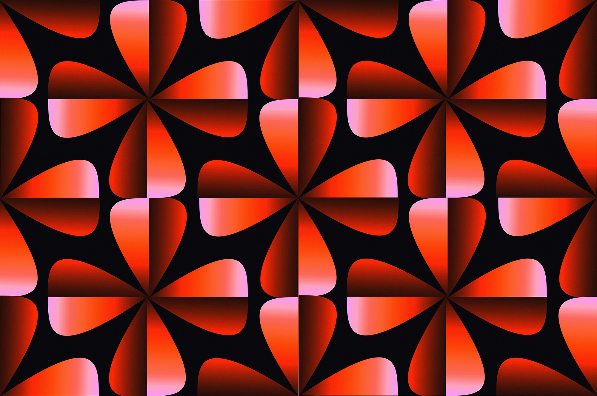 Geometric pattern with red, pink, and black pinwheel-like shapes repeated in a symmetrical, tessellated grid.