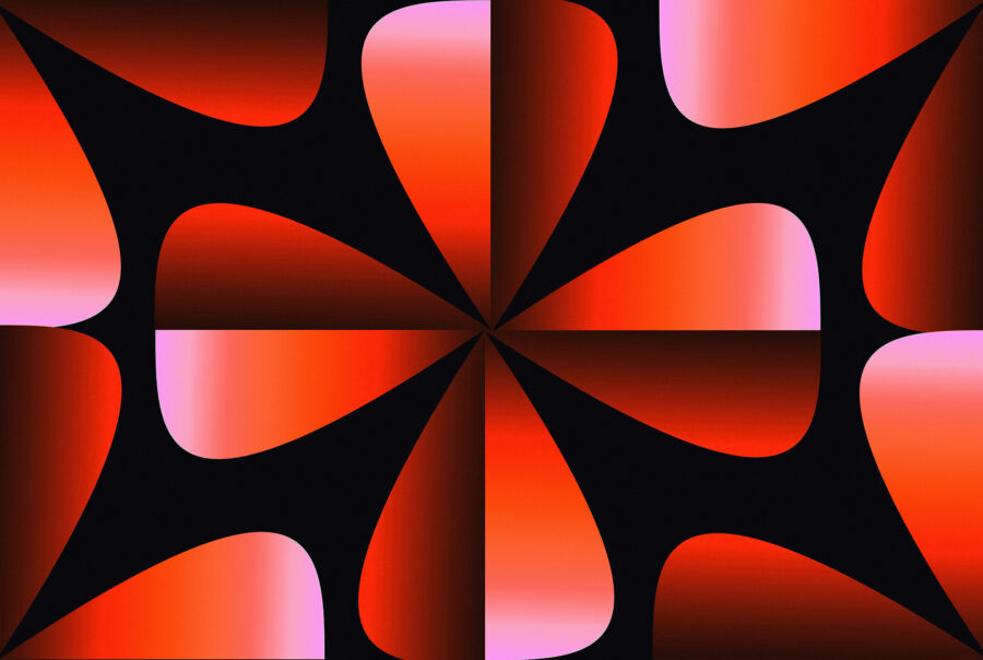 Abstract digital artwork featuring a symmetrical pattern of black curved shapes radiating from the center over a red and pink gradient background.