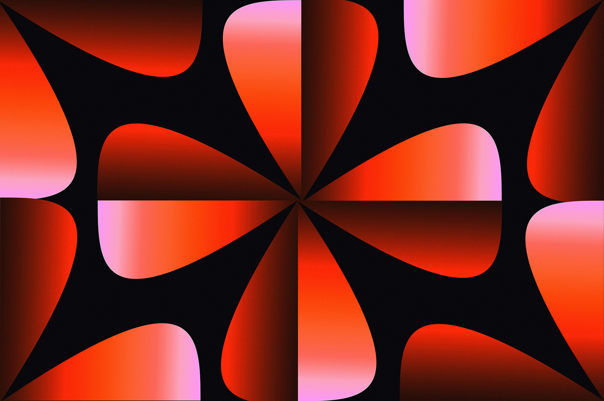 Abstract digital artwork featuring a symmetrical pattern of black curved shapes radiating from the center over a red and pink gradient background.